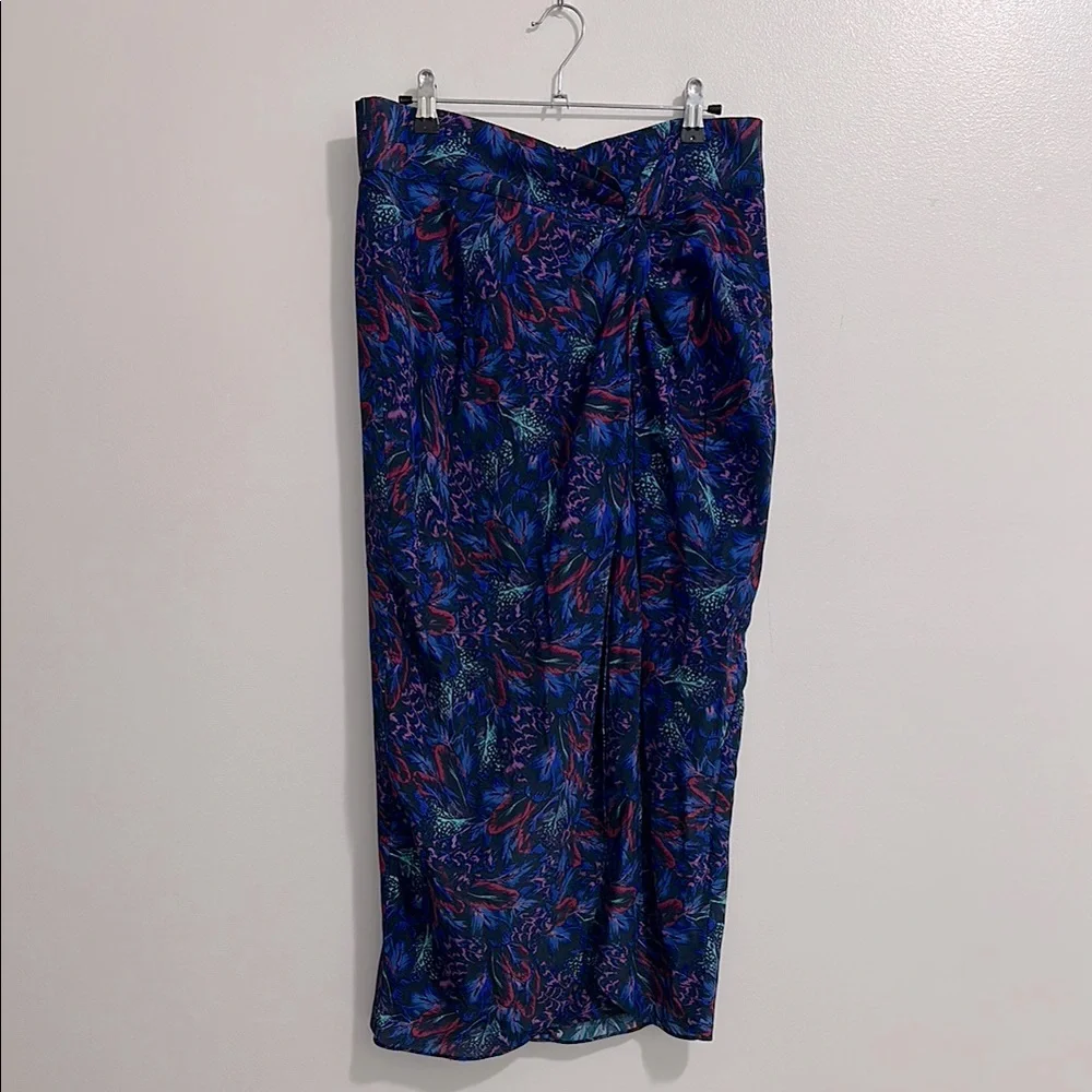 The Kooples Silk Blue Feather Print Midi Skirt with Twist Womens EU 3 US 8